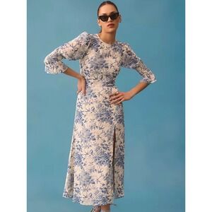 Moonsea floral toile midi dress smocked sz M romantic cottagecore coquette slit